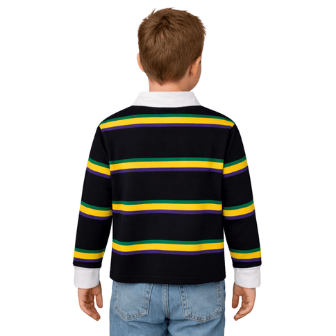 Kids Unisex Mardi Gras Striped Black Rugby Long Sleeve Polo - Mardi Gras Apparel - 100% Cotton, Button Up, Children - Rugby Polo