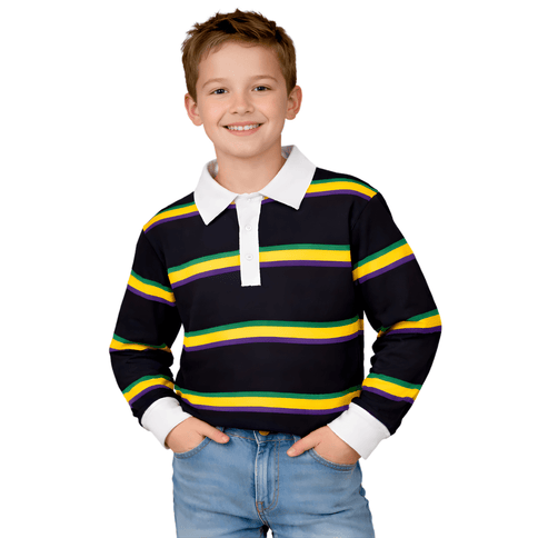 Kids Unisex Mardi Gras Striped Black Rugby Long Sleeve Polo - Mardi Gras Apparel - 100% Cotton, Button Up, Children - Rugby Polo
