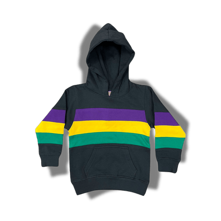 Kids Unisex Mardi Gras Striped Pullover Black Hoodie - Mardi Gras Apparel - Black, Children's Unisex, Gold - Hoodie