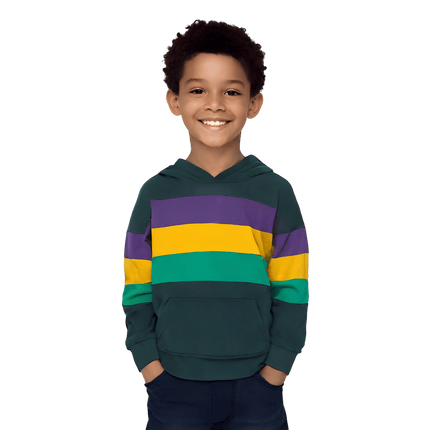 Kids Unisex Mardi Gras Striped Pullover Black Hoodie - Mardi Gras Apparel - Black, Children's Unisex, Gold - Hoodie