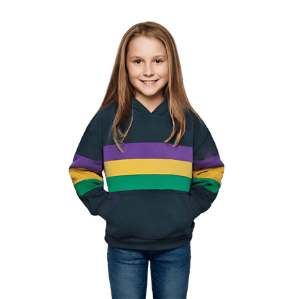 Kids Unisex Mardi Gras Striped Pullover Black Hoodie - Mardi Gras Apparel - Black, Children's Unisex, Gold - Hoodie