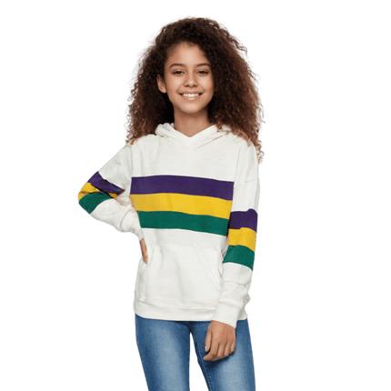 Kids Unisex Mardi Gras Striped Pullover White Hoodie - Mardi Gras Apparel - Children's Unisex, Gold, Green - Hoodie