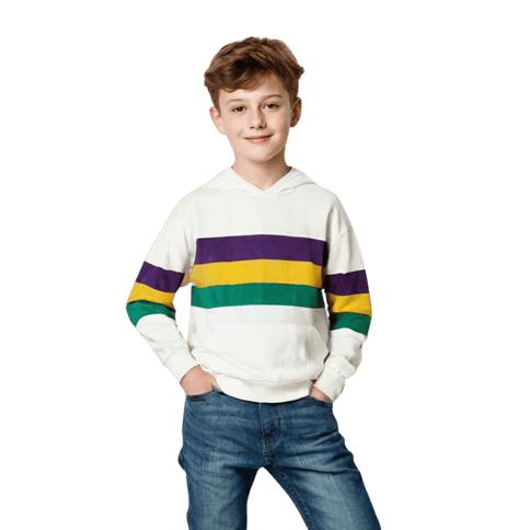 Kids Unisex Mardi Gras Striped Pullover White Hoodie - Mardi Gras Apparel - Children's Unisex, Gold, Green - Hoodie