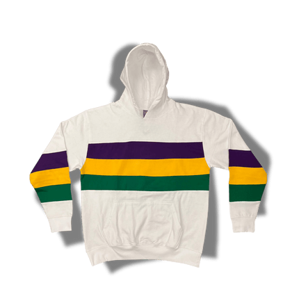 Kids Unisex Mardi Gras Striped Pullover White Hoodie - Mardi Gras Apparel - Children's Unisex, Gold, Green - Hoodie