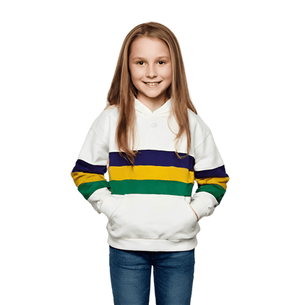 Kids Unisex Mardi Gras Striped Pullover White Hoodie - Mardi Gras Apparel - Children's Unisex, Gold, Green - Hoodie