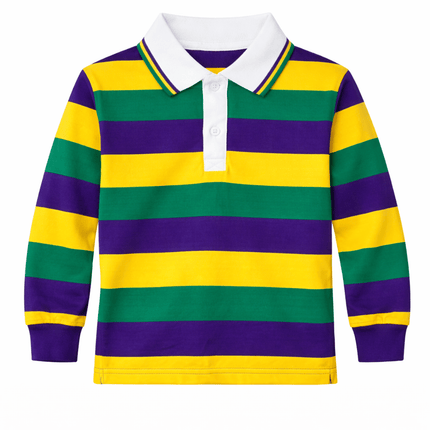 Kids Unisex Mardi Gras Striped Rugby Polo Long Sleeve - Mardi Gras Apparel - 100% Cotton, Button Up, Children - Rugby Polo