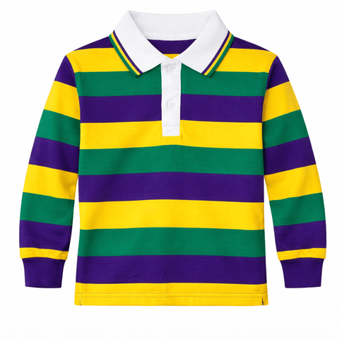 Kids Unisex Mardi Gras Striped Rugby Polo Long Sleeve - Mardi Gras Apparel - 100% Cotton, Button Up, Children - Rugby Polo