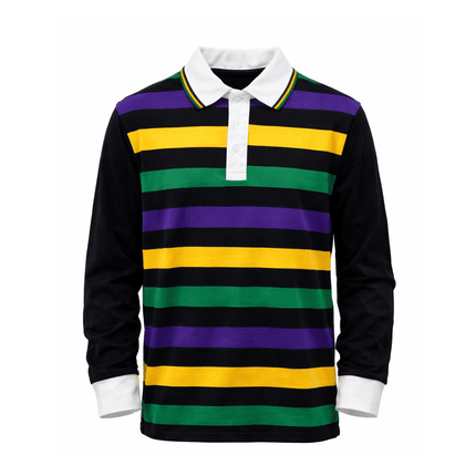 Kids Unisex Mardi Gras Striped Rugby Polo Long Sleeve - Mardi Gras Apparel - 100% Cotton, Button Up, Children - Rugby Polo