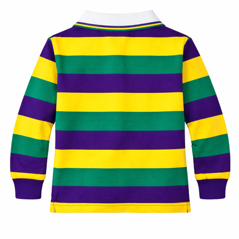 Kids Unisex Mardi Gras Striped Rugby Polo Long Sleeve - Mardi Gras Apparel - 100% Cotton, Button Up, Children - Rugby Polo