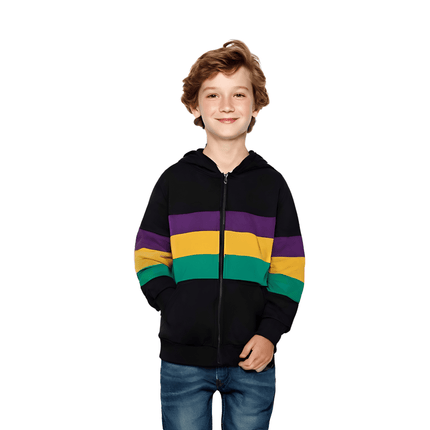 Kids Unisex Mardi Gras Striped Zipper Black Hoodie - Mardi Gras Apparel - Children's Unisex, Gold, Green - Hoodie