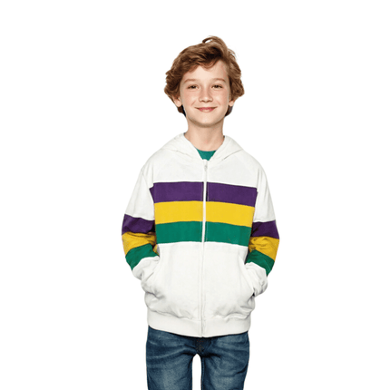 Kids Unisex Mardi Gras Striped Zipper White Hoodie - Mardi Gras Apparel - Children's Unisex, Gold, Green - Hoodie