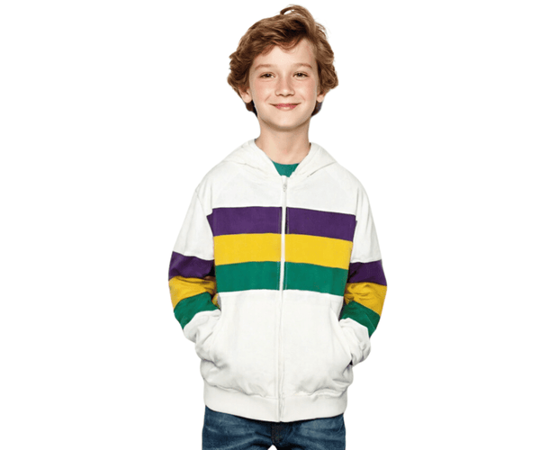 Kids Unisex Mardi Gras Striped Zipper White Hoodie - Mardi Gras