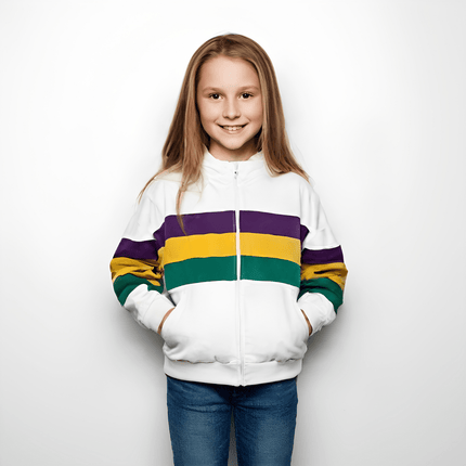 Kids Unisex Mardi Gras Striped Zipper White Hoodie - Mardi Gras Apparel - Children's Unisex, Gold, Green - Hoodie