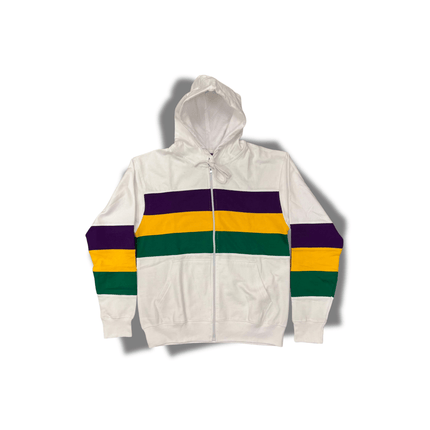 Kids Unisex Mardi Gras Striped Zipper White Hoodie - Mardi Gras Apparel - Children's Unisex, Gold, Green - Hoodie