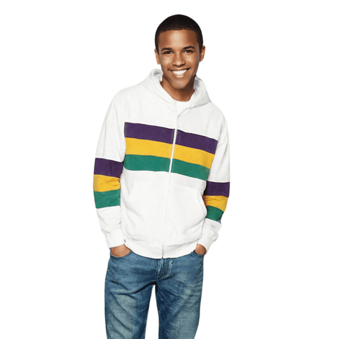 Kids Unisex Mardi Gras Striped Zipper White Hoodie - Mardi Gras Apparel - Children's Unisex, Gold, Green - Hoodie