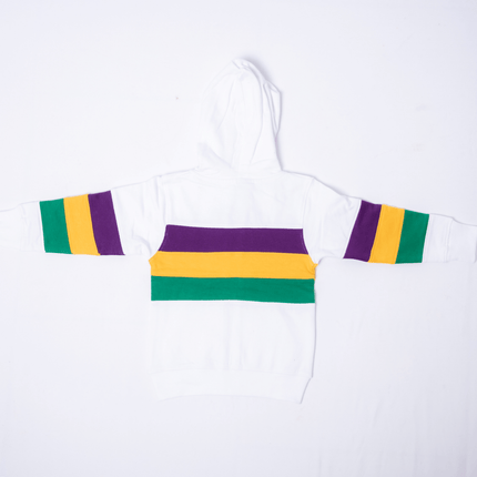 Kids Unisex Mardi Gras Striped Zipper White Hoodie - Mardi Gras Apparel - Children's Unisex, Gold, Green - Hoodie