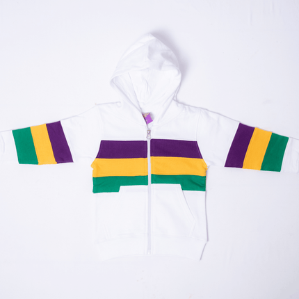 Kids Unisex Mardi Gras Striped Zipper White Hoodie - Mardi Gras Apparel - Children's Unisex, Gold, Green - Hoodie