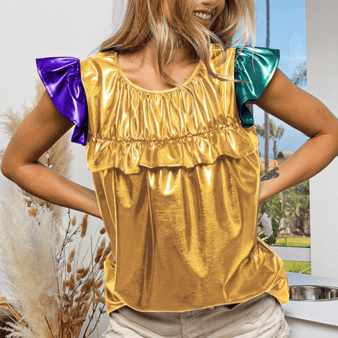 Ladies Foiled Knit Ruffled Color Block Gold Top - Mardi Gras Apparel - Adult, Bibi, Bibi Top Chart - Sequin Tops