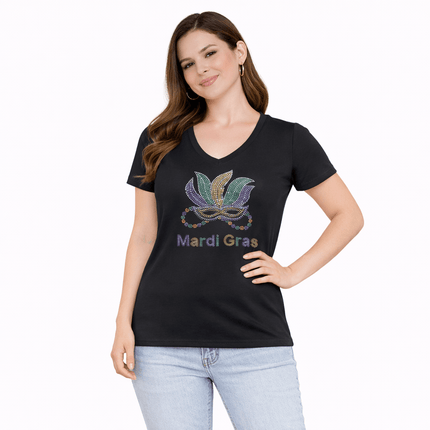 Ladies Gold Fleur De Les and Mask Rhinestone V - Neck Tee - shirt - Mardi Gras Apparel - 100% Cotton, Adult, apparel discount tier - Rhinestone Tee - Shirt