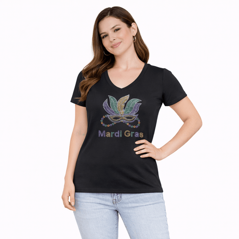 Ladies Gold Fleur De Les and Mask Rhinestone V - Neck Tee - shirt - Mardi Gras Apparel - 100% Cotton, Adult, apparel discount tier - Rhinestone Tee - Shirt