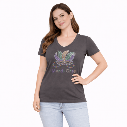 Ladies Gold Fleur De Les and Mask Rhinestone V - Neck Tee - shirt - Mardi Gras Apparel - 100% Cotton, Adult, apparel discount tier - Rhinestone Tee - Shirt