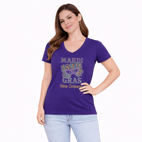 Ladies Mardi Gras and Mask Rhinestone V - Neck - Mardi Gras Apparel - 100% Cotton, Adult, apparel discount tier - Rhinestone Tee - Shirt