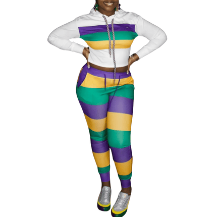 Ladies Mardi Gras Chic Crop Hoodie & Striped Jogger Set - Mardi Gras Apparel - Adult, Gold, Green - Outfit Sets