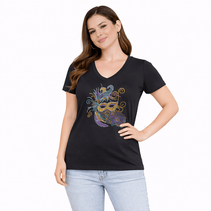 Ladies Mardi Gras Fleur De Lis Rhinestone V - Neck - Mardi Gras Apparel - 100% Cotton, Adult, apparel discount tier - Rhinestone Tee - Shirt