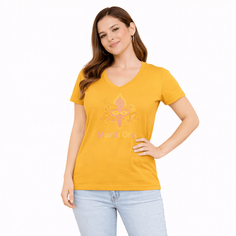 Ladies Mardi Gras Fleur De Lis Rhinestone V - Neck - Mardi Gras Apparel - 100% Cotton, Adult, apparel discount tier - Rhinestone Tee - Shirt