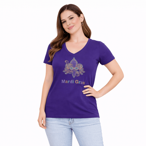 Ladies Mardi Gras Fleur De Lis Rhinestone V - Neck - Mardi Gras Apparel - 100% Cotton, Adult, apparel discount tier - Rhinestone Tee - Shirt