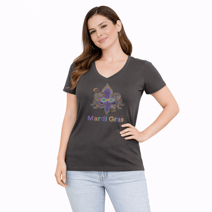 Ladies Mardi Gras Fleur De Lis Rhinestone V - Neck - Mardi Gras Apparel - 100% Cotton, Adult, apparel discount tier - Rhinestone Tee - Shirt