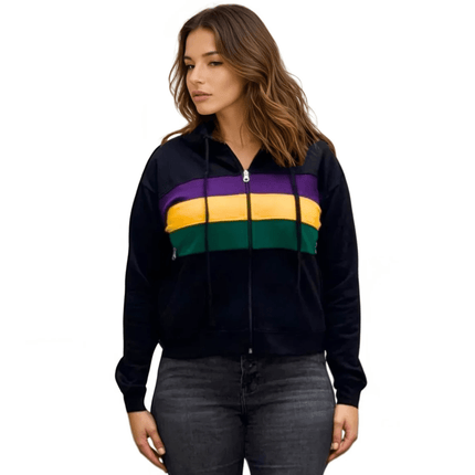 Ladies Mardi Gras Full - Zip Striped Black Hoodie Crop Top - Mardi Gras Apparel - Adult, Hoodie, Ladies - Hoodie