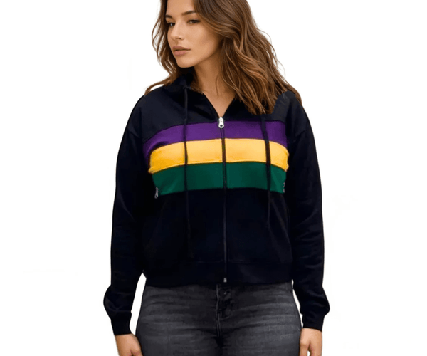 Ladies Mardi Gras Full-Zip Striped Black Hoodie Crop Top - Mardi