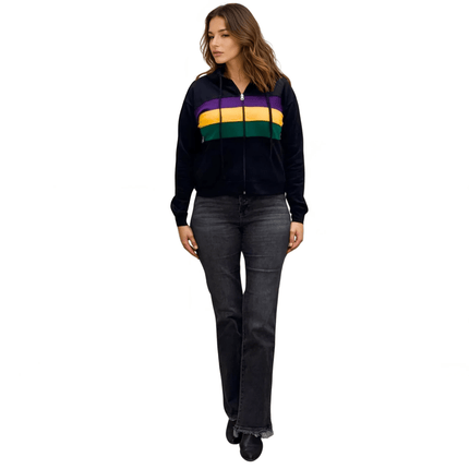 Ladies Mardi Gras Full - Zip Striped Black Hoodie Crop Top - Mardi Gras Apparel - Adult, Hoodie, Ladies - Hoodie