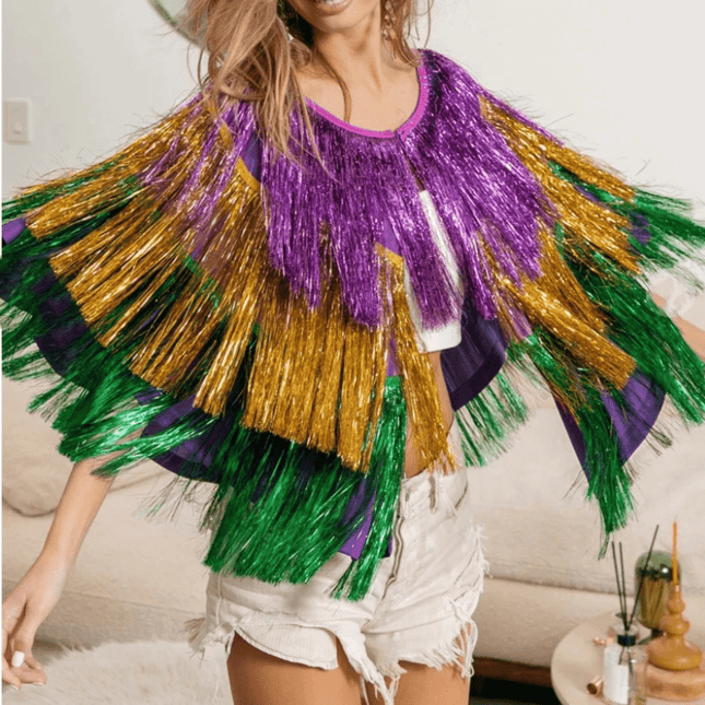 Ladies Mardi Gras Metallic Tinsel Pancho - Mardi Gras Apparel - Adult, Gold, Green - 