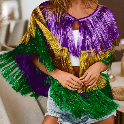 Ladies Mardi Gras Metallic Tinsel Pancho - Mardi Gras Apparel - Adult, Gold, Green - 