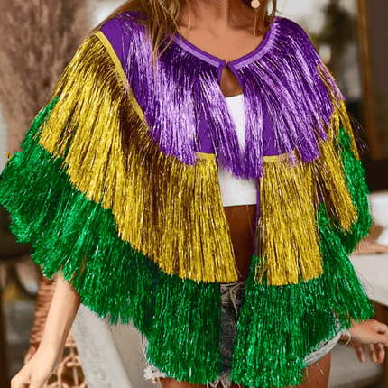 Ladies Mardi Gras Metallic Tinsel Pancho - Mardi Gras Apparel - Adult, Gold, Green - 