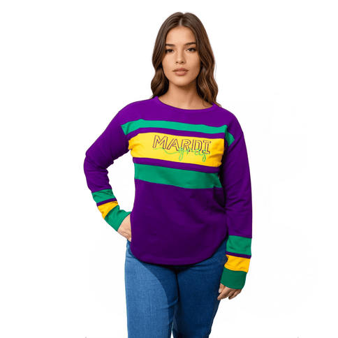 Ladies Mardi Gras Purple Long Sleeve Striped Shirt - Mardi Gras Apparel - Adult, curved bottom, Green - Tops