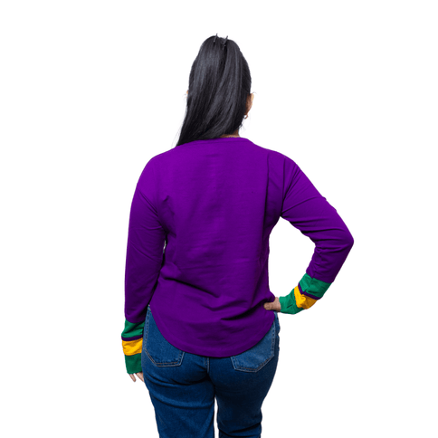 Ladies Mardi Gras Purple Long Sleeve Striped Shirt - Mardi Gras Apparel - Adult, curved bottom, Green - Tops