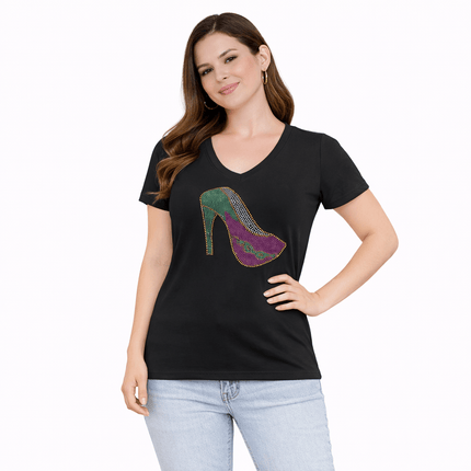 Ladies Mardi Gras Stiletto Rhinestone V - Neck Tee - Shirt - Mardi Gras Apparel - Adult, apparel discount tier, Black - Rhinestone Tee - Shirt