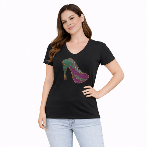 Ladies Mardi Gras Stiletto Rhinestone V - Neck Tee - Shirt - Mardi Gras Apparel - Adult, apparel discount tier, Black - Rhinestone Tee - Shirt