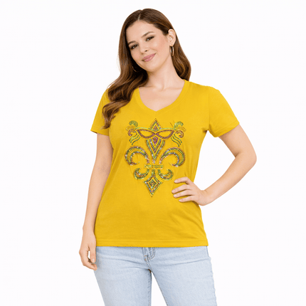 Ladies Mardi Gras Yellow Fleur De Lis And Mask Rhinestone V - Neck Tee - Shirt - Mardi Gras Apparel - Adult, apparel discount tier, Ladies - Rhinestone Tee - Shirt