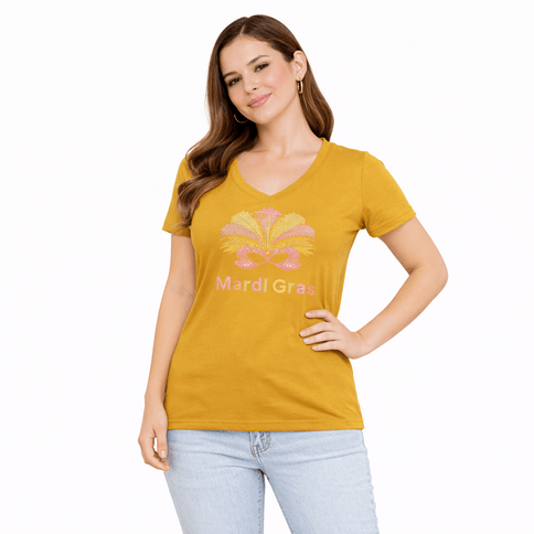 Ladies Nola Rhinestone V - Neck - Mardi Gras Apparel - 100% Cotton, Adult, apparel discount tier - Rhinestone Tee - Shirt