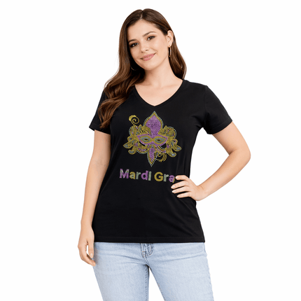 Ladies Nola Rhinestone V - Neck - Mardi Gras Apparel - 100% Cotton, Adult, apparel discount tier - Rhinestone Tee - Shirt