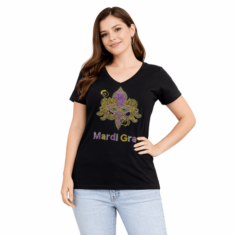 Ladies Nola Rhinestone V - Neck - Mardi Gras Apparel - 100% Cotton, Adult, apparel discount tier - Rhinestone Tee - Shirt