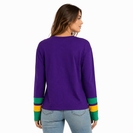Ladies Purple Long Sleeve Striped with Embroidery - Mardi Gras Apparel - , , - Long Sleeve Crewneck
