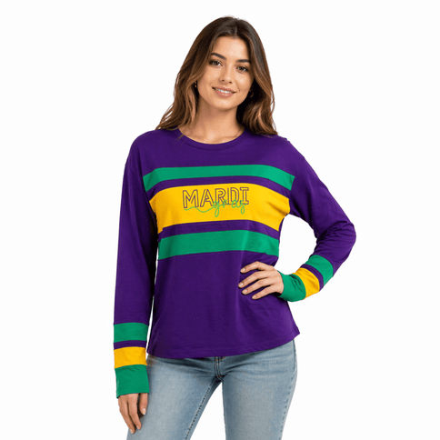 Ladies Purple Long Sleeve Striped with Embroidery - Mardi Gras Apparel - , , - Long Sleeve Crewneck
