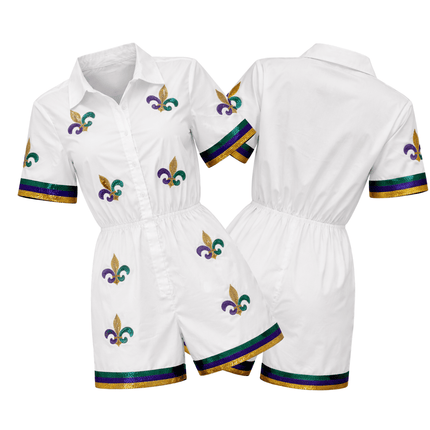 Ladies White Fleur - De - Lis Mardi Gras Jumpsuit - Mardi Gras Apparel - Adult, Bibi Top Chart, Gold - Jumpsuit