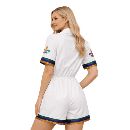 Ladies White Fleur - De - Lis Mardi Gras Jumpsuit - Mardi Gras Apparel - Adult, Bibi Top Chart, Gold - Jumpsuit