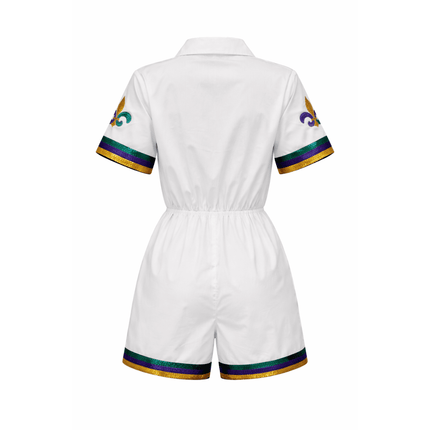 Ladies White Fleur - De - Lis Mardi Gras Jumpsuit - Mardi Gras Apparel - Adult, Bibi Top Chart, Gold - Jumpsuit